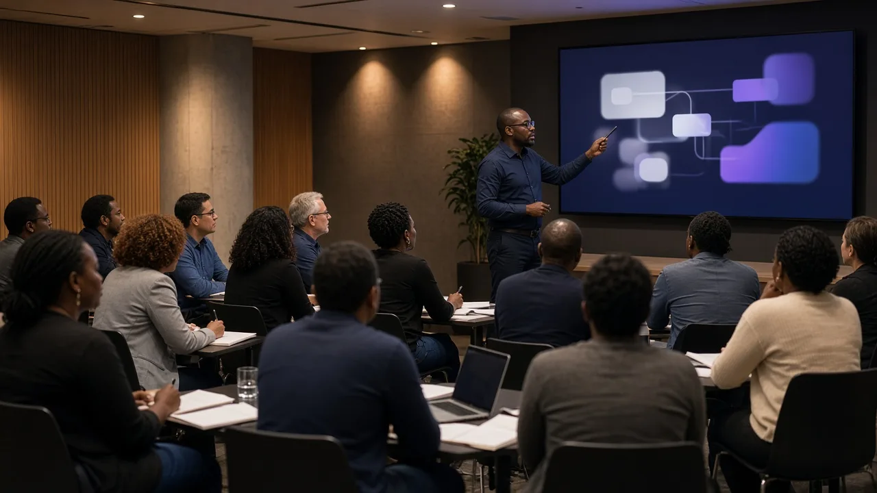 A presenter leading a live learning session for a group of professionals