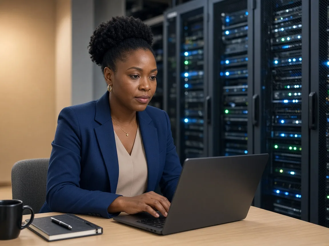 A professional woman working on a laptop beside server racks
