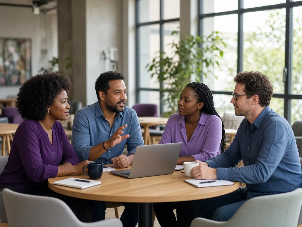 Four professionals talking together around a laptop in a coworking space