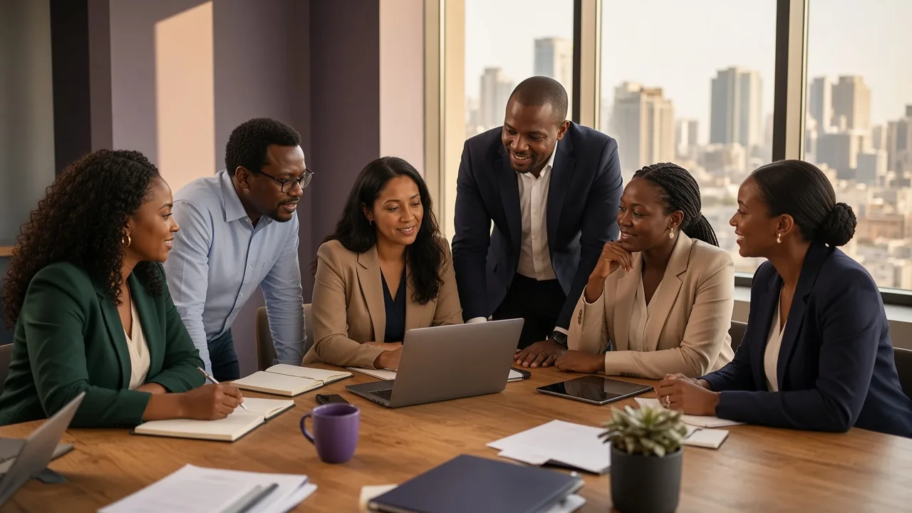 Six professionals working together around a laptop, including a man in a dark suit